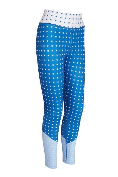 Blue and white ditzy star print gym leggings
