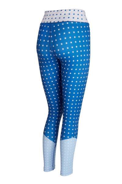 Blue and white ditzy star print gym leggings